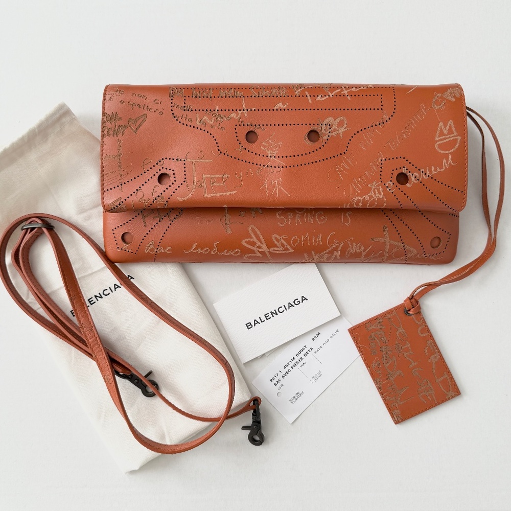 BALENCIAGA Blackout Leather Envelope Clutch Strap Bag in Orange
